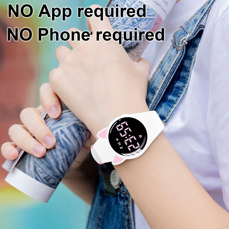 [Australia] - HUYVMAY Fitness Tracker Pedometer Watch No App No Phone Required, USB Charge 1 Hour for 20 Days Use, IP68 Waterproof Watch with Alarm Clock Timer Distance Calorie Step Tracker for Kids and Women White+Pink 