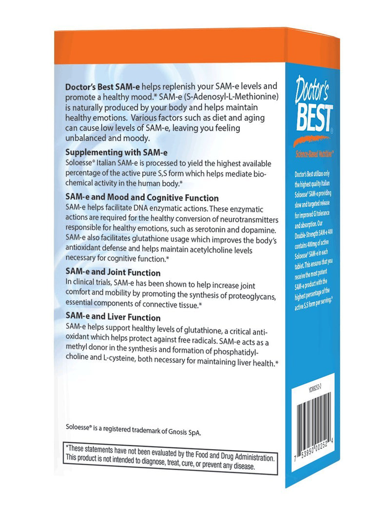 [Australia] - Doctor's Best SAM-e 400 mg, Vegan, Gluten Free, Soy Free, Mood and Joint Support, 60 Enteric Coated Tablets 60 Count (Pack of 1) 