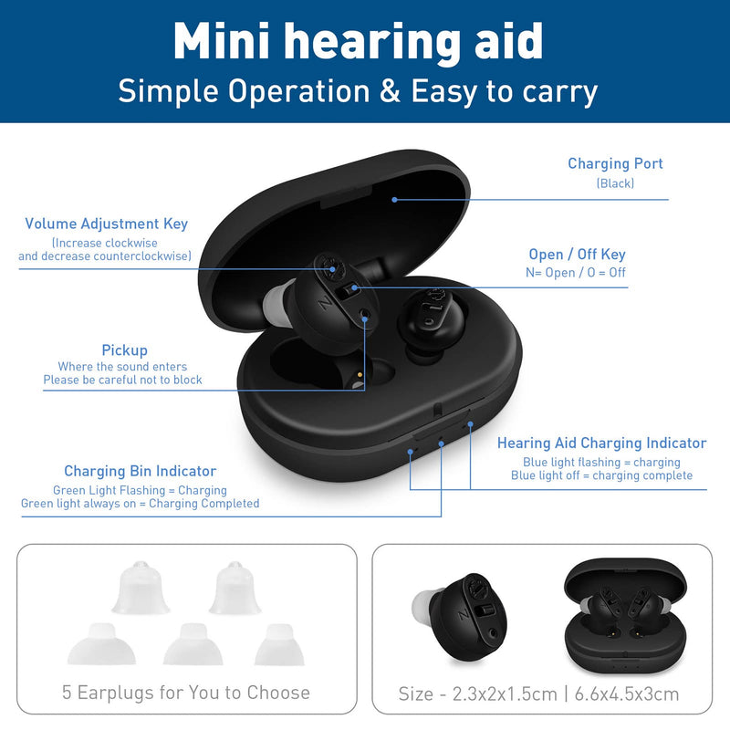[Australia] - KOIKEY Digital Hearing Aid & Sound Amplifiers for Seniors，Mini Rechargeable Hearing Amplifier with Charging Case，In-Ear Earbuds with Noise Reduction and Sound Enhancement，Volume Control Easy (Black) 