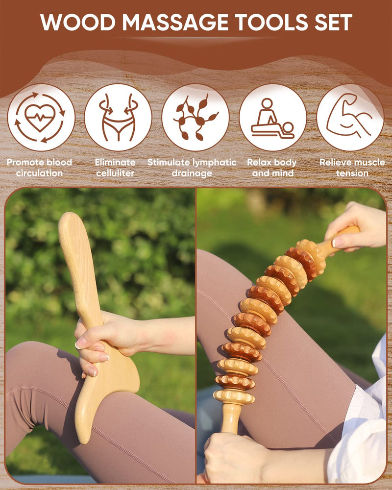 [Australia] - 2-in-1 Wooden Therapy Massage Tools Set Wood Maderoterapia Kit or Lymphatic Drainage Massage Roller Kits for Muscle Relaxation, Body Shaping, Gua Sha Massage, Anti Cellulite, Beech 