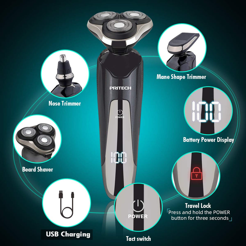 [Australia] - Electric Shavers Men Electric Razors for Men Face Shaver Electric Rechargeable Razor Cordless Shaver for Mens Razors Electric Mens Electric Razors for Shaving Rotary Shavers Waterproof Wet Dry PRITECH USB 