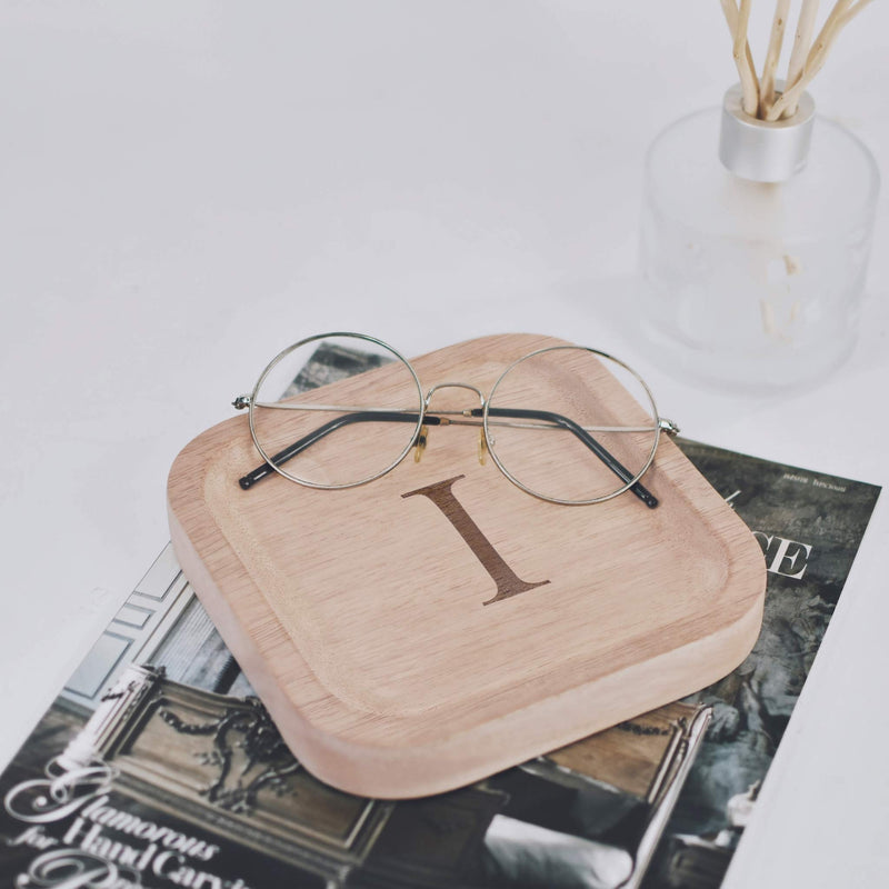 [Australia] - Solid Wood Personalized Initial Letter Jewelry Display Tray Decorative Trinket Dish Gifts For Rings Earrings Necklaces Bracelet Watch Holder (6"x6" Sq Natural "I") ุ6"x6" Sq Natural "I" 