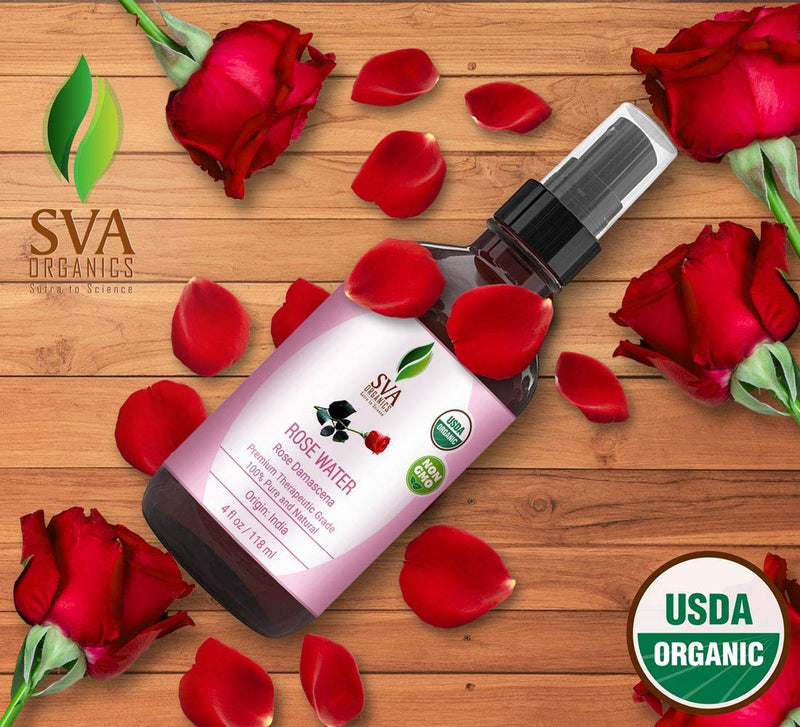 [Australia] - USDA Certified Organic Rose Water Facial Toner (118 ml) 4 Oz - 100% Pure Natural, Unrefined by SVA Organics | Aromatherapy Reduce Dark Circles, Pores, Wrinkle, Moisturizer, Skin Care 