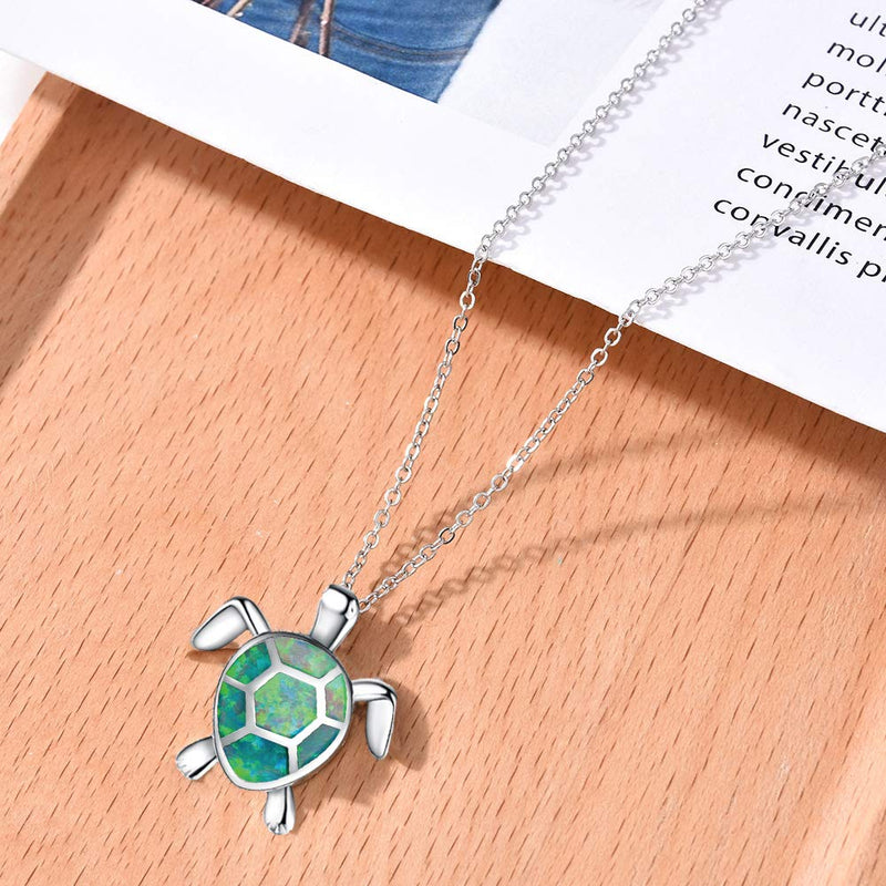 [Australia] - ATIMIGO Cute Sea Turtle Pendant Necklace Created Opal Necklace Silver Chain Animal Jewelry Gift for Women Girls green 