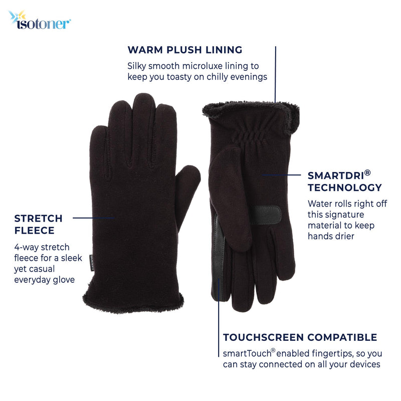 [Australia] - isotoner Women's Stretch Fleece Gloves with Microluxe and Smart Touch Technology One Size Black - Smartdri 