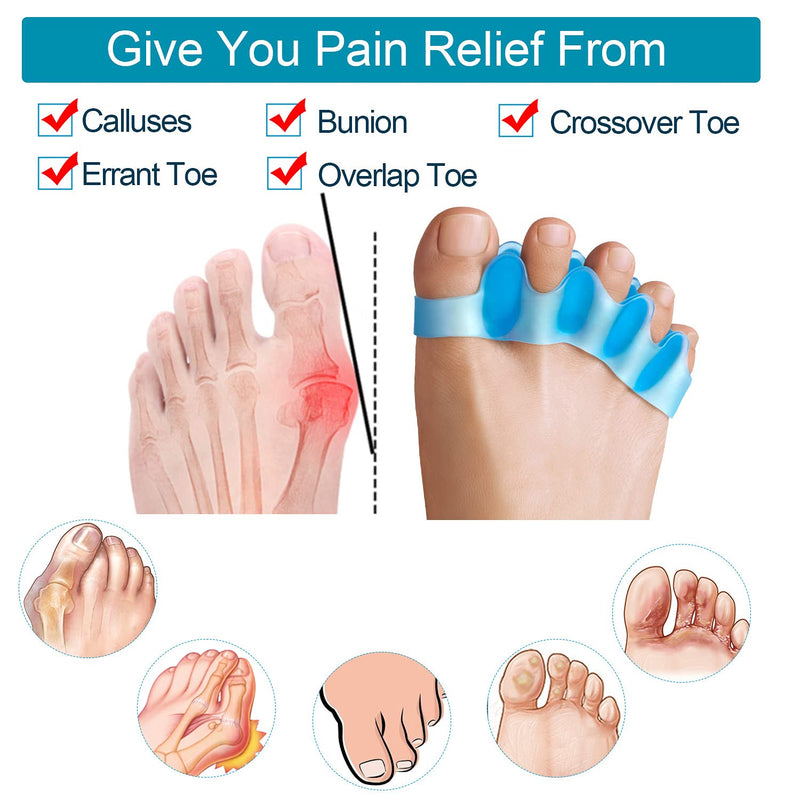 [Australia] - Sumiwish Toe Separators, 4 Pair (Blue and Clear) Soft Gel Toe Spacers to Correct Bunions, Toe Stretcher for Therapeutic Relief from Plantar Fasciitis, Hammer Toes, Claw Toes 