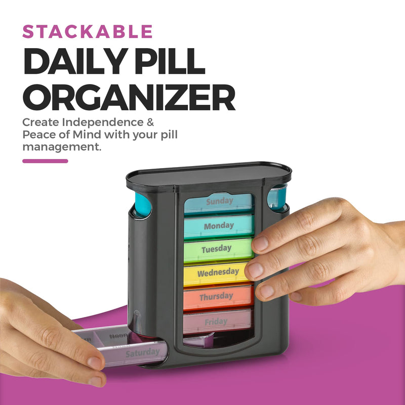 [Australia] - Weekly Pill Organizer, 1 Dispenser, 7 Stackable Compartments Four Times-a-Day - Morning, Noon, Evening, and Bedtime, Black 