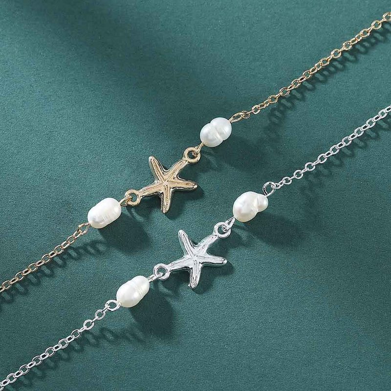 [Australia] - Chicque Simple Starfish Pendant Anklet Pearl Foot Chain Beach Ankle Bracelets for Women and Girls (Gold) Gold 