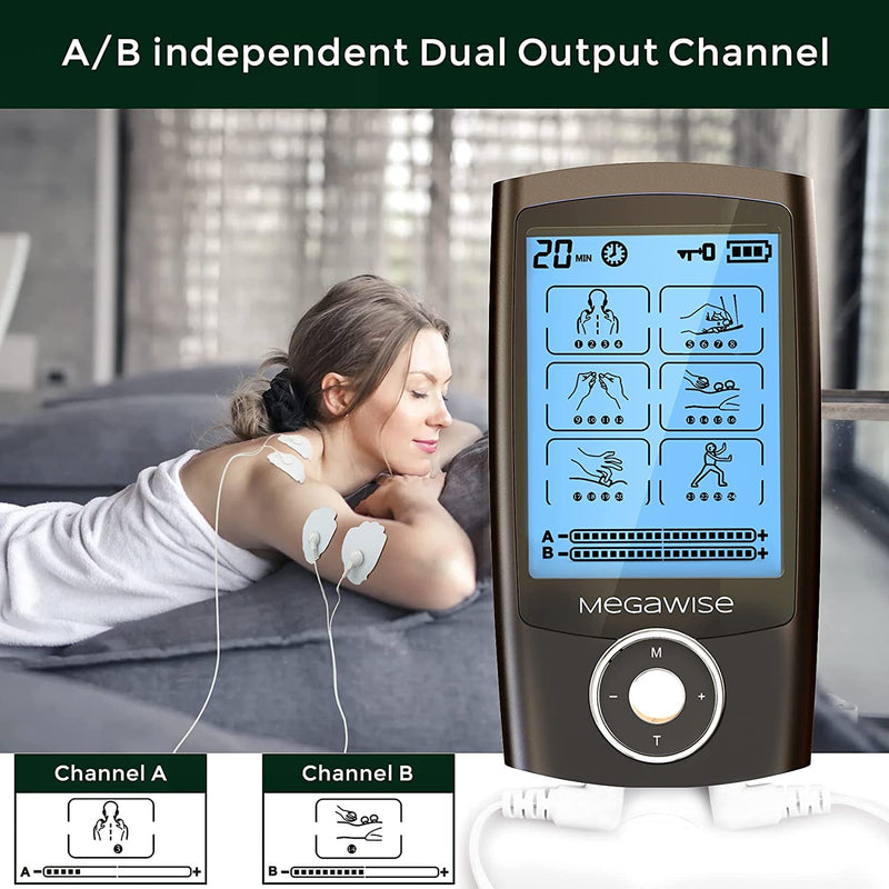 [Australia] - MegaWise 48 Modes（24 * 2） Dual Channel EMS TENS Unit Muscle Stimulator with 14Pcs Reusable Electrode Pads. Rechargeable Continuous Mode Electronic Pulse Massager with Storage Pouch/Pads Holder 