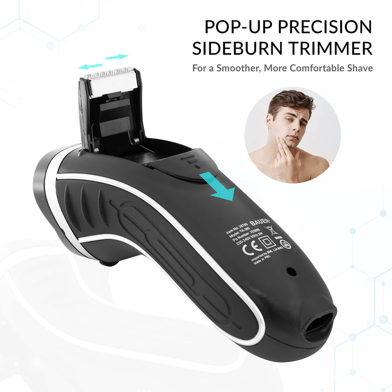 [Australia] - Bauer Professional 38780 Men’s Electric Shaver / Three Flexible Rotary Heads / Ergonomic Grip / Pop-Up Sideburn Trimmer / Cordless & Rechargeable / Head, Face & Body Shaver 
