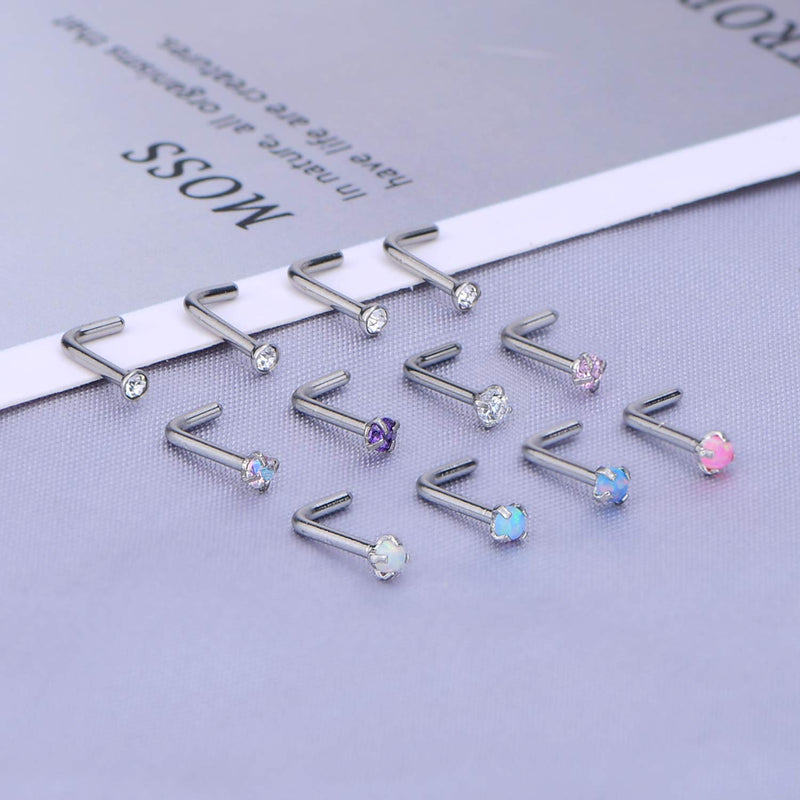 [Australia] - Anicina L Shaped Nose Rings Studs 18G 2mm Opal & CZ & Flat L Nose Stud Ring Mix-Color Opal Nose Nostril Piercing Jewelry for Womens Mens A-ball:2mm-L shape 