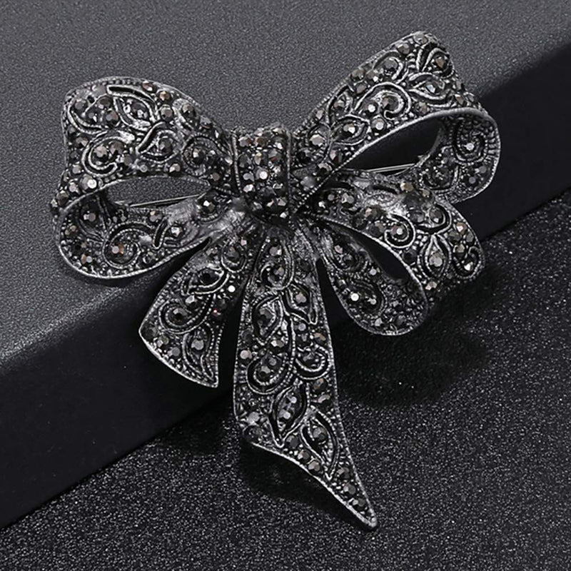 [Australia] - MIXIA Black Color Rhinestone Bow Brooches for Women Large Bowknot Brooch Pin Vintage Jewelry Winter Accessories 