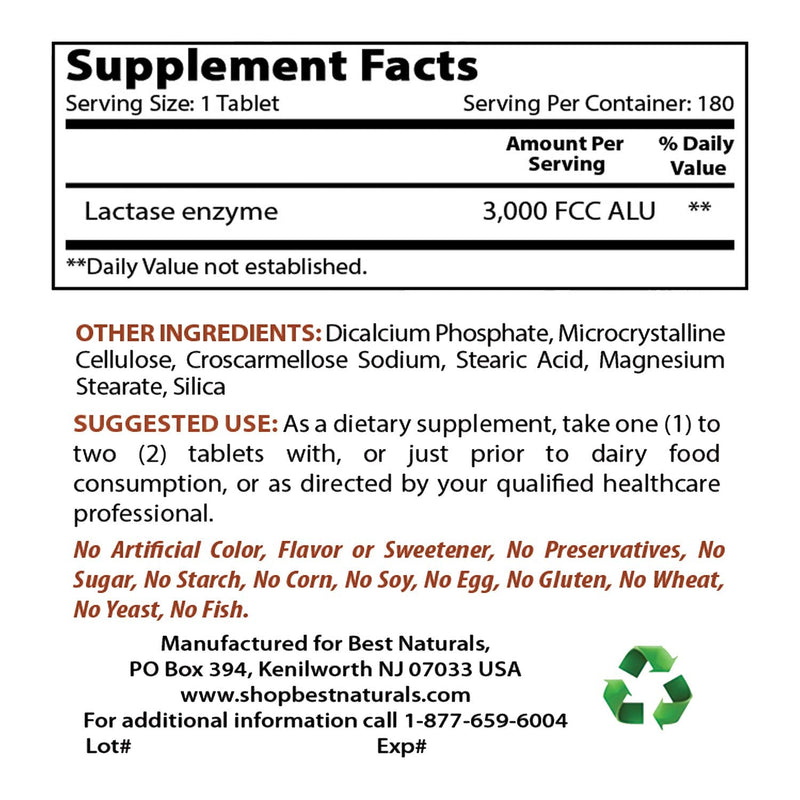 [Australia] - Best Naturals, Fast Acting Lactase Enzyme, 3000 FCC ALU, 180 Tablets (180 Count (Pack of 1)) 180 Count (Pack of 1) 