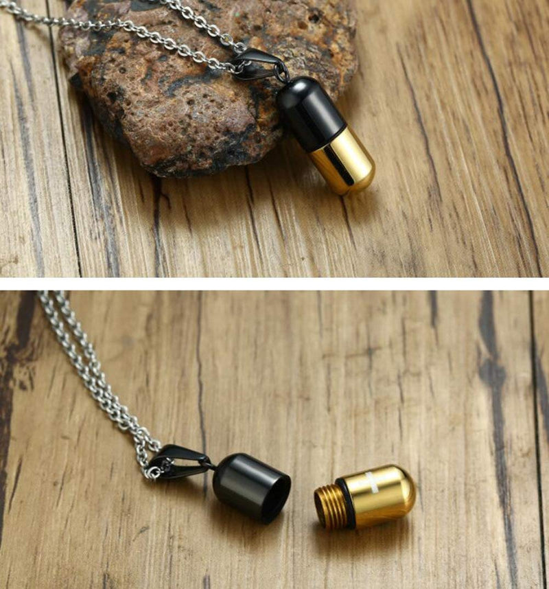 [Australia] - LAFATINA Medical Alert ID Pill Capsule Tube Pendant Necklace, Men's Women Stainless Steel Pill Case Medical Alert Card Holder Pendant Necklace for Boys Girls Old goldblack 