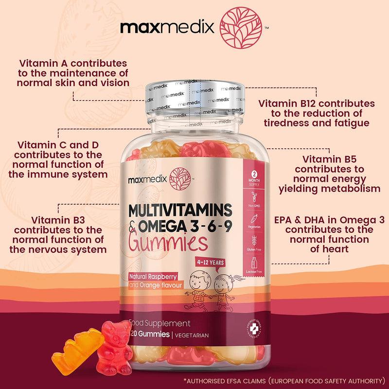 [Australia] - Multivitamins for Kids - 120 Chewable Gummies (2 Month Supply) - Child Vitamins with Zinc & Omega 3, 6 & 9 - Natural Raspberry & Orange Multivitamin Supplement - Non-GMO & Gluten Free Gummies 