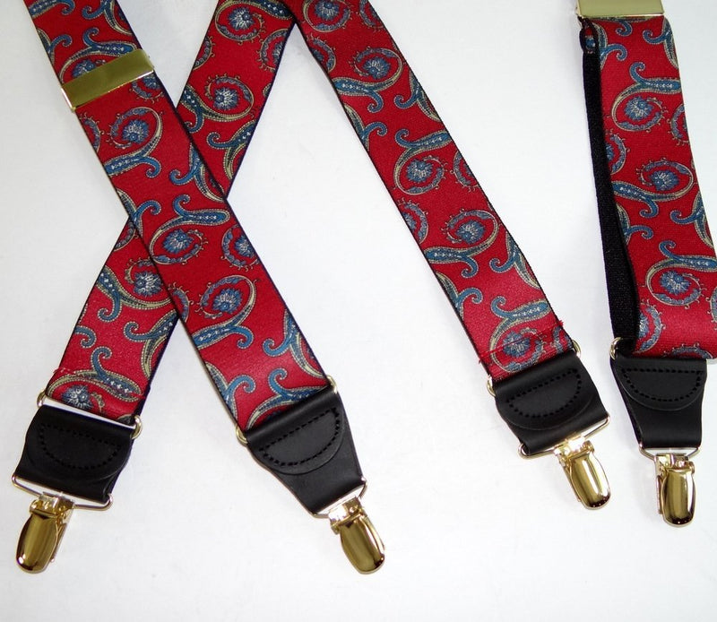 [Australia] - Hold-Ups Red Paisley Pattern Suspenders in X-back and Patented No-slip Gold Clips 