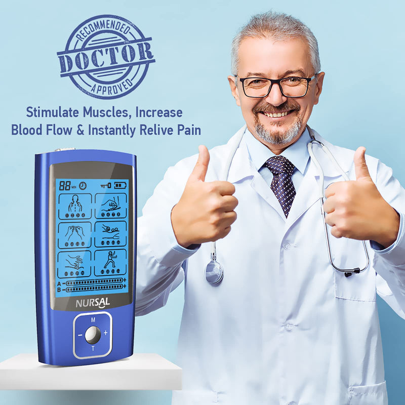 [Australia] - NURSAL TENS EMS Unit Muscle Stimulator for Pain Relief Therapy, Electric 24 Modes Dual Channel TENS Machine Pulse Massager with 12 Pcs Electrode Pads/Continuous Stable Mode/Memory Function Blue 