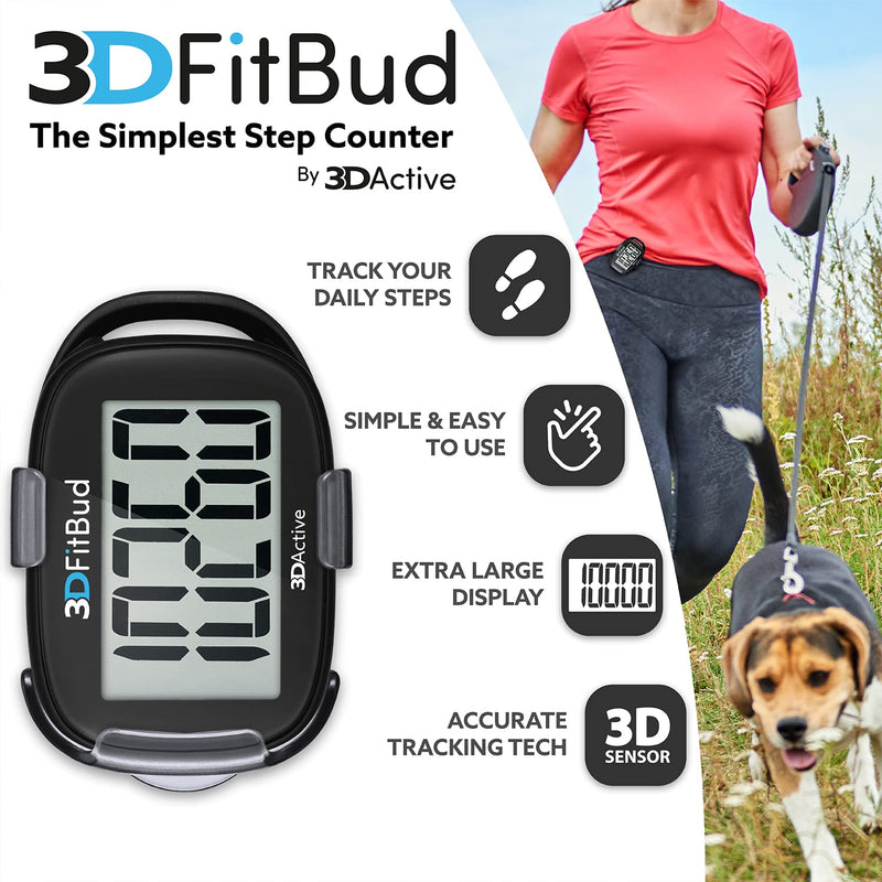 [Australia] - 3DFitBud Simple Step Counter Walking 3D Pedometer with Clip and Lanyard, A420S Black 