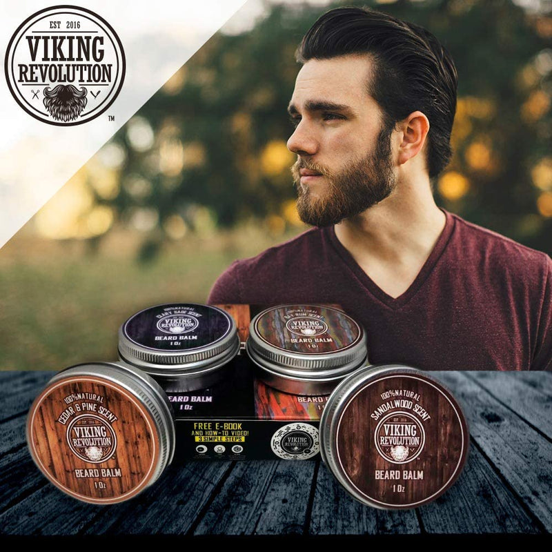 [Australia] - Viking Revolution Beard Balm For Men (4x28g) Variety Pack - Sandalwood, Pine & Cedar, Bay Rum, Clary Sage Beard Wax For Men - Styles, Strengthens & Softens For Healthy Beards 28.35 g (Pack of 4) 