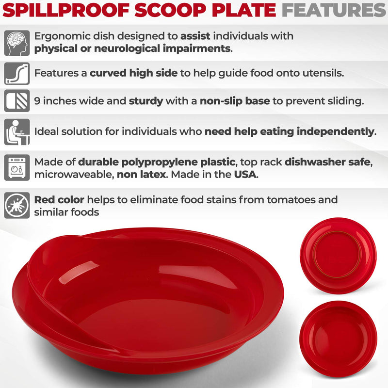 [Australia] - Providence Spillproof 9" Scoop Plate High-Low Adaptive Bowl - 2-Pack - Dish for Disabled, Handicapped, and Elderly Adults with Special Needs from Parkinsons, Dementia, Stroke or Tremors - PSC 996 2 Piece Set 1 Red - 1 White 