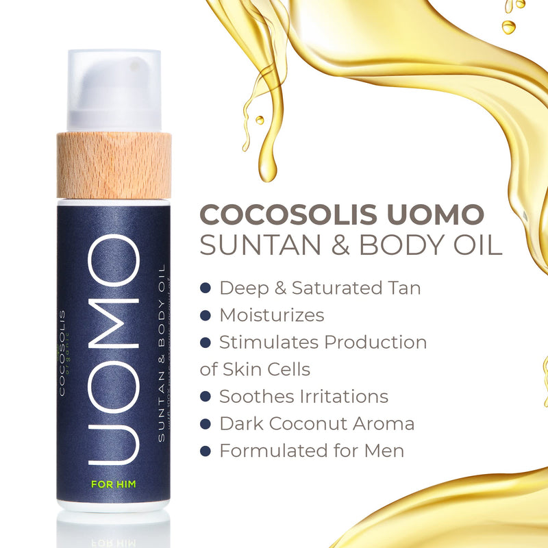 [Australia] - COCOSOLIS UOMO Tanning Accelerator for Men - Organic Tanning Oil with Vitamin E & Black Coconut Scent for a Fast Intensive Tan - Tanning Enhancer for a Rich Chocolate Tan (110 ml) 