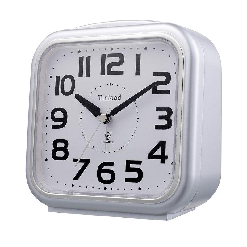 [Australia] - 5.5" Silent Analog Alarm Clock Non Ticking, Gentle Wake, Beep Sounds, Increasing Volume, Battery Operated Snooze and Light Functions, Easy Set, Silver 