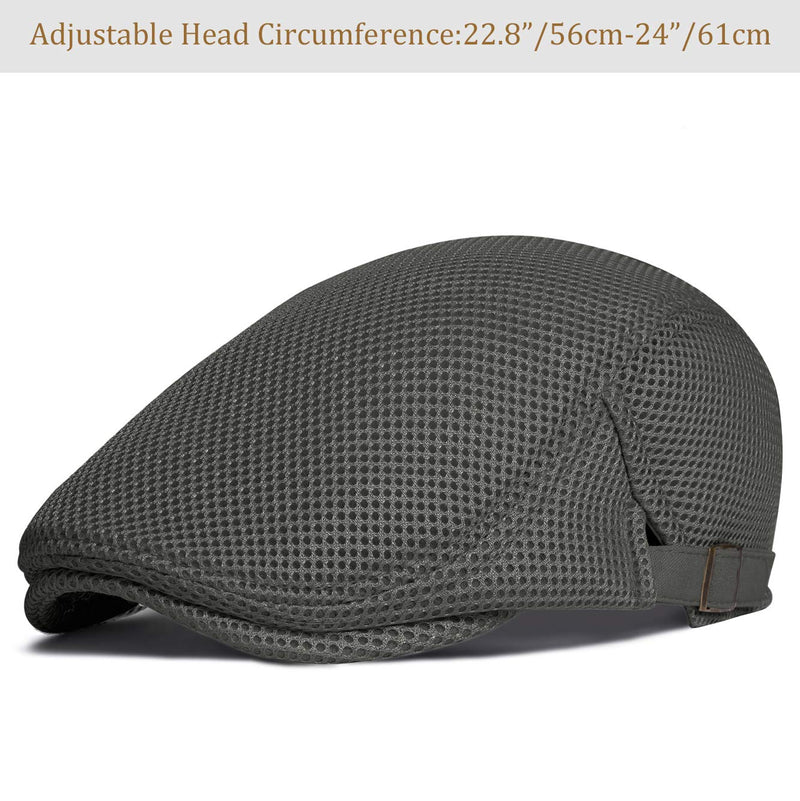 [Australia] - BABEYOND Men's Mesh Flat Cap Breathable Summer Newsboy Hat Beret Cabbie Ivy Hat Gatsby Newsboy Hat for Driving Hunting Gray Adjustable straps 