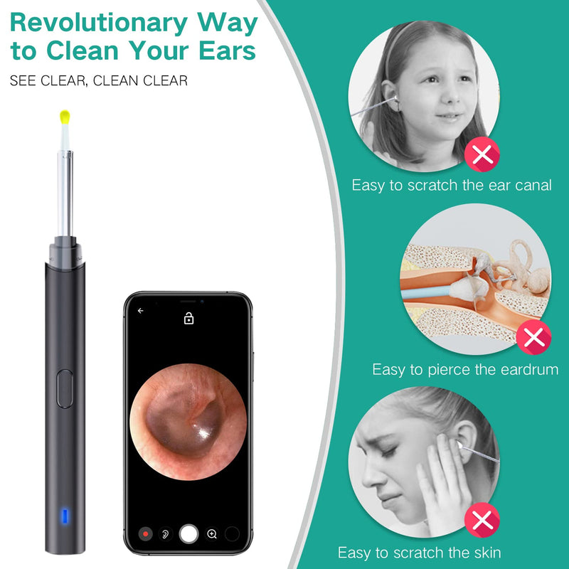 [Australia] - Ear Wax Removal, Ear Cleaner with Camera, Earwax Remover Tool, 1080P HD Waterproof Digital Endoscope, Safe Ear Picker Ear Cleaning Kit with 6 Lights, Suitable for Adults, Children and Pets (Black) 