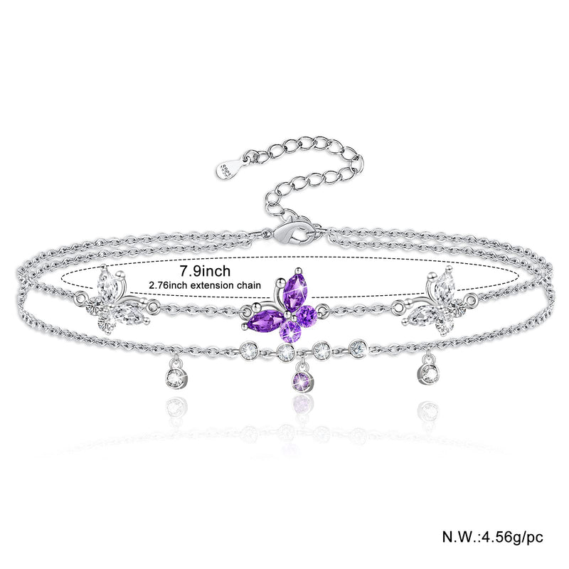 [Australia] - ATTRACTTO Butterfly Anklet Bracelets for Women 925 Sterling Silver Layered Anklets for Sea Beach Foot Ankle for Teen Girls Wife Girlfriend Mother Purple Buttefly Anklet 