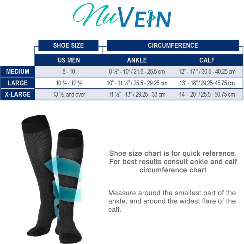[Australia] - NuVein 15-20 mmHg Men's Compression Socks, Chevron Pattern, Knee High Business Trouser Fit, Black, Medium 