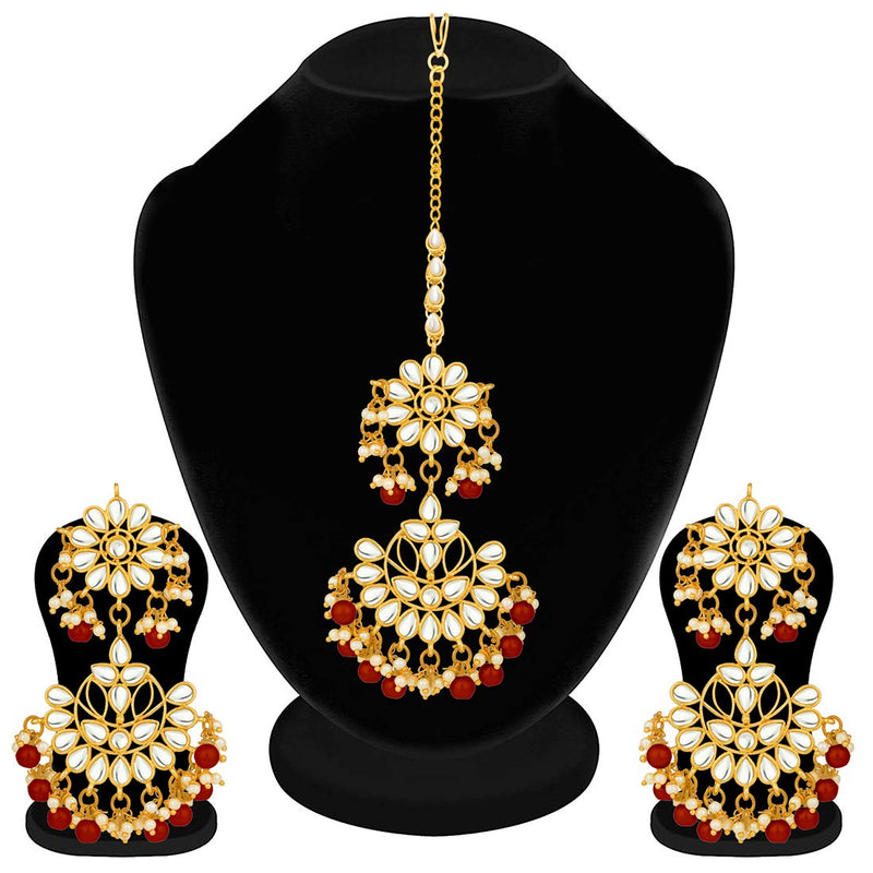 [Australia] - Aheli Traditional Faux Kundan Beaded Maang Tikka Earrings Set Bollywood Ethnic Fashion Jewelry for Women Maroon 