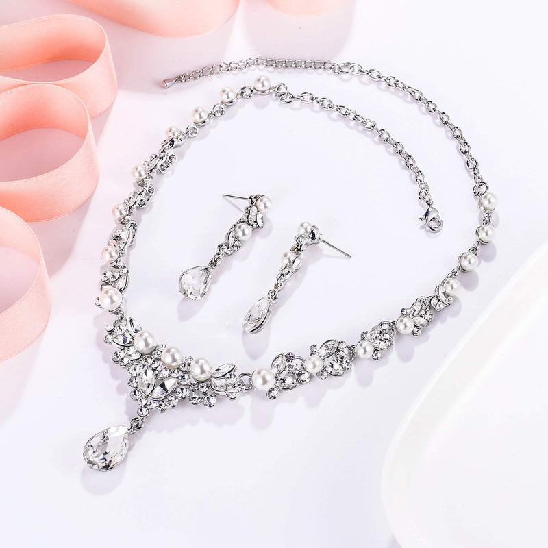 [Australia] - EVER FAITH Women's Crystal Simulated Pearl Elegant Bridal Banquet Waterdrop Necklace Earrings Set Necklace Pierced Earrings Set 