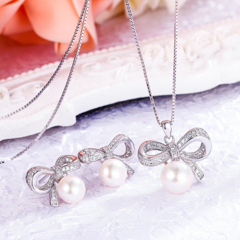 [Australia] - BriLove Women 925 Sterling Silver CZ AAA Freshwater Cultured Pearl Necklace Earrings Set 08. Bow-tie 