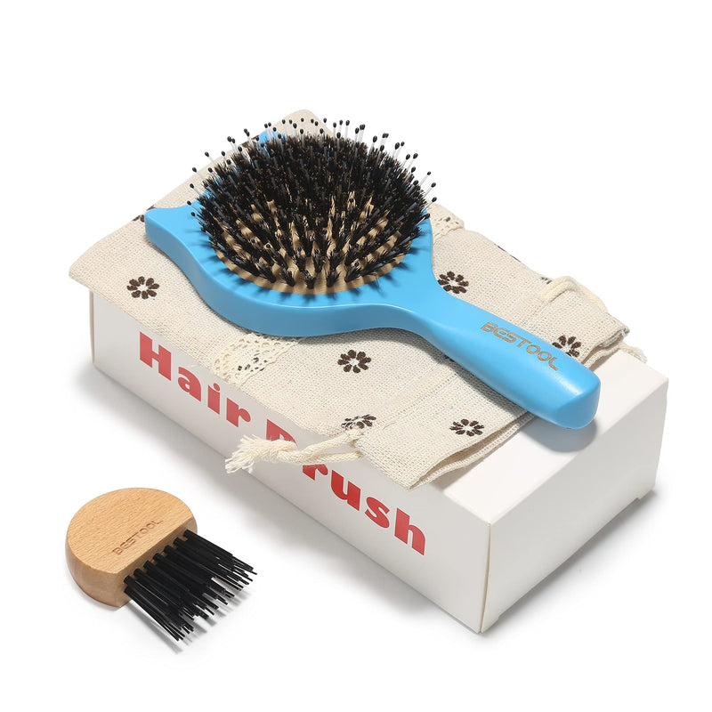 [Australia] - Hair Brush, BESTOOL Small Travel Hair Brushes for Women, Men or Kids, Wooden Toddler Boar Bristle Hair Brush for Detangling, Defrizz, Distribute Oil (Blue) Blue 
