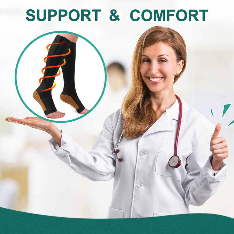 [Australia] - Copper Zipper Compression Socks -2 Pairs Calf Knee High Open Toe Support Stocking Compression Stocking… 01-black Large-X-Large 