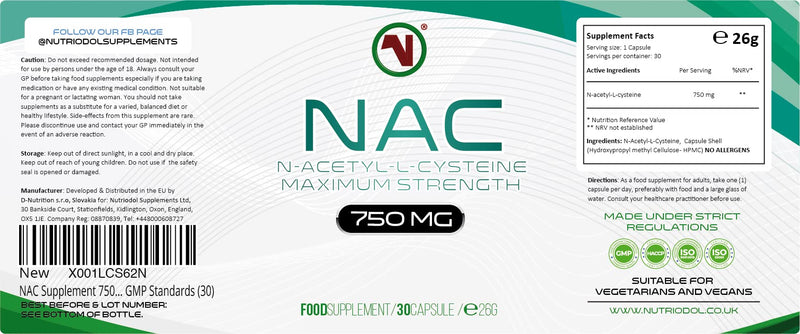 [Australia] - NAC Supplement 750mg | Vegan Capsules | N-Acetyl-Cysteine Amino Acid - High Bioavailability - Providing Non Toxic Stable Form of L-Cysteine - EU Made to ISO and GMP Standards (30) 30 Count (Pack of 1) 