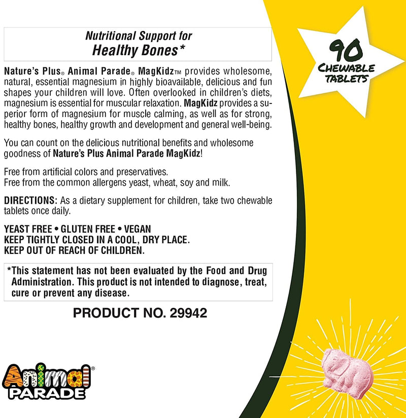 [Australia] - NaturesPlus Animal Parade Source of Life MagKidz - Children's Magnesium Supplement - Natural Cherry Flavour - Teeth, Bone & Muscle Health Support - GlutenFree, Vegan (90 Count (Pack of 1)) 