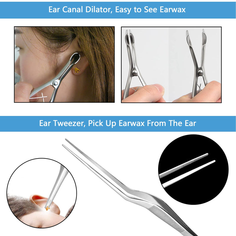 [Australia] - Earwax Removal Kit 5 Pcs, Ear Wax Cleaning Tool Set, Ear Pick with LED Light USB Charging, Stainless Steel Ear Curette, Earwax Tweezer, Ear Canal Dilator, Ear Wax Remover Tool with Storage Box 