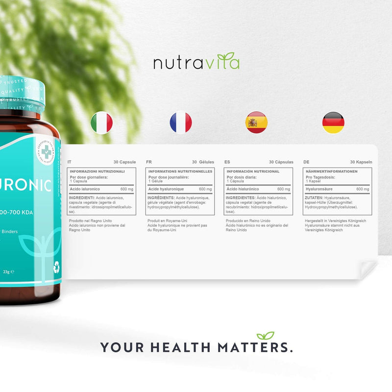 [Australia] - Hyaluronic Acid Capsules - One Month Supply of 600mg Hyaluronic Acid Capsules - High Dose with 500-700 KDA - GMO Free with No Synthetic Fillers or Binders - Made in The UK by Nutravita 30 Capsules 