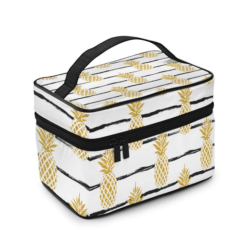 [Australia] - Summer Gold Pineapple On Striped Cosmetic Bag Travel Makeup Bags For Women Stylish Toiletry Organizer Train Cases Storage Bags Portable Multifunction Pouch 