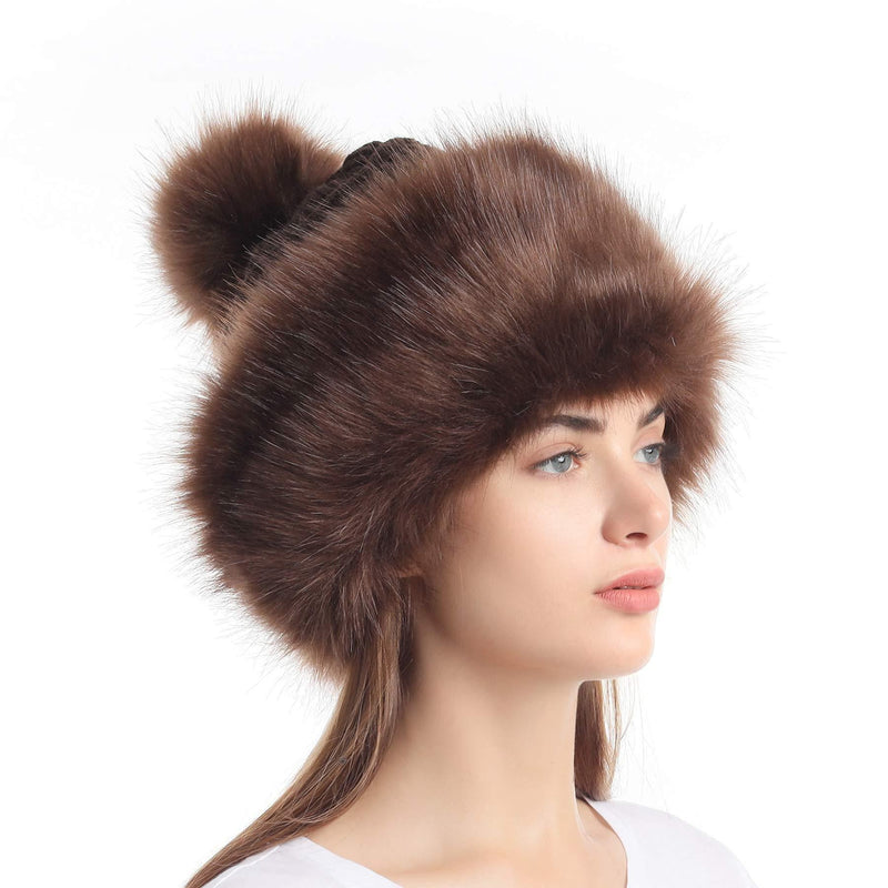 [Australia] - soul young Women's Russian Style Cossack Faux Fur Hat with Pompom Coffee 