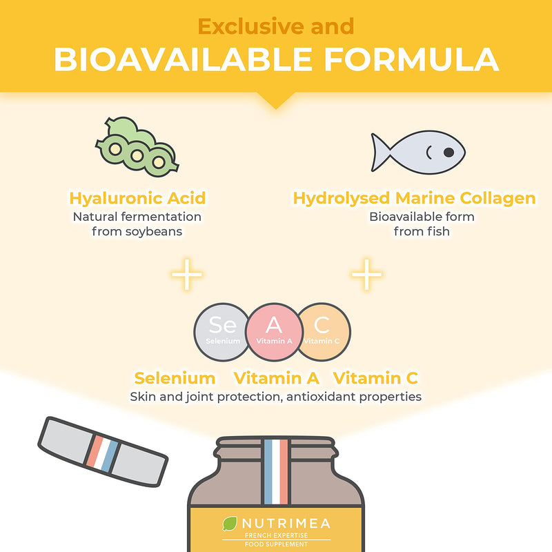 [Australia] - Hyaluronic Acid & Marine Collagen - Enriched with Vitamins A & C - Natural Anti-Wrinkle, Restructure Skin, Protect Joints and Anti-Aging - New Formula - Plant-Based Capsules - French Expertise 