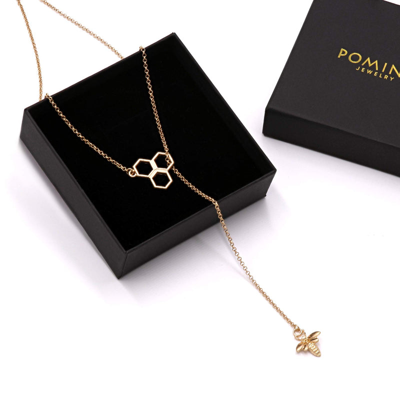 [Australia] - POMINA Dainty Gold Honeycomb Bumble Bee Adjustable Y Lariat Necklace for Women Teen Girls Bee Lariat_Worn Gold 