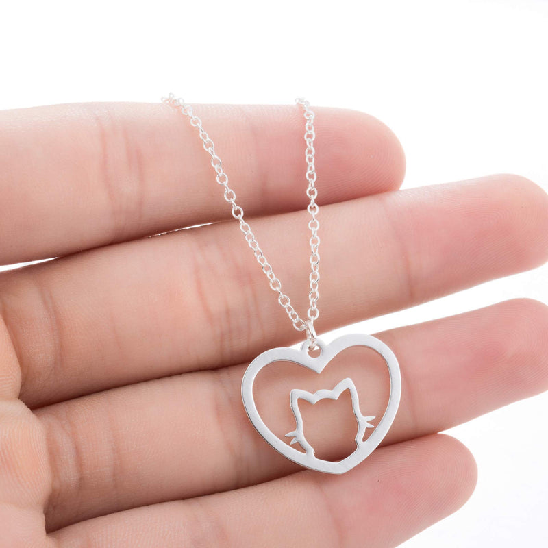 [Australia] - Jude Jewelers Stainless Steel Heart Shaped Cute Cat Styel Pendant Necklace Silver 