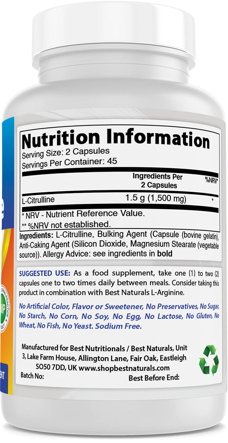 [Australia] - Best Naturals L-Citrulline Capsules - 1500mg/Serving - Non-GMO - Gluten Free - 90 Capsules (90 Count (Pack of 3)) 90 Count (Pack of 3) 