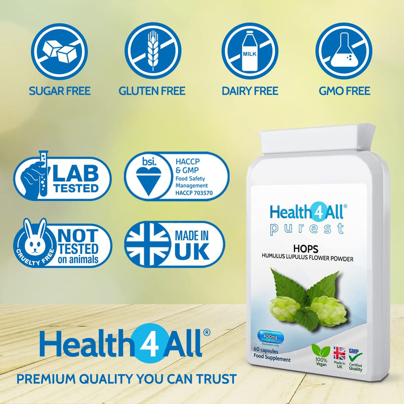 [Australia] - Hops 400mg 60 Capsules (V) .(not Tablets) Purest: no additives. Vegan Capsules for Anxiety, Stress and Sleep. Made in The UK by Health4All 60 Count (Pack of 1) 