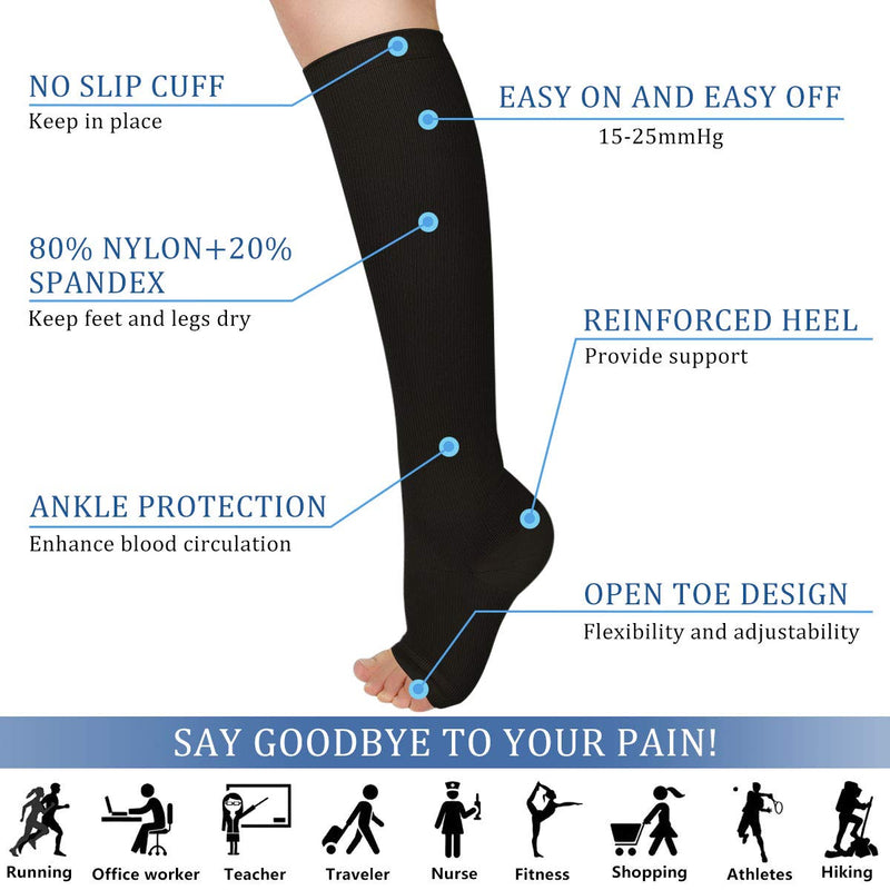 [Australia] - 3 Pairs Open Toe Compression Socks Women Knee High Toeless 15-25 mmHg (XXL) Black3 2X-Large (3 Pair) 