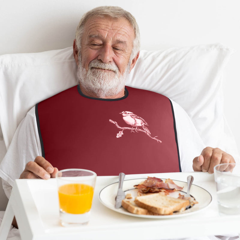 [Australia] - Adult Bibs for Eating: Reusable with Crumb Catcher Pocket - For Men and Women Chickadee Bird Burgundy 