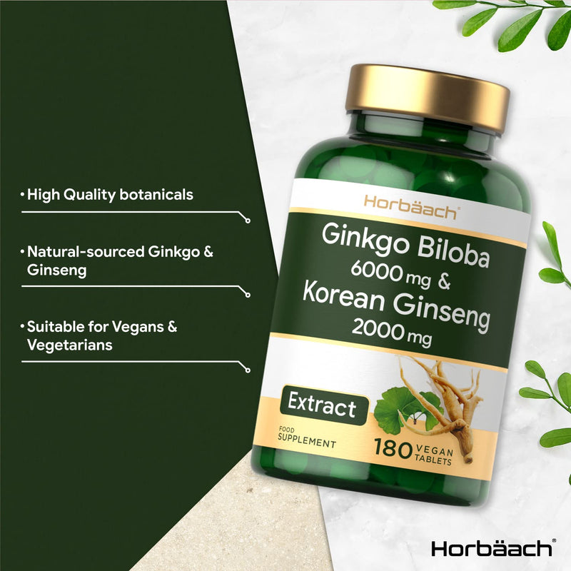 [Australia] - Ginkgo Biloba 6000mg & Korean Panax Ginseng 2000mg | 180 Vegan Tablets | High Strength Supplement | No Artificial Preservatives 