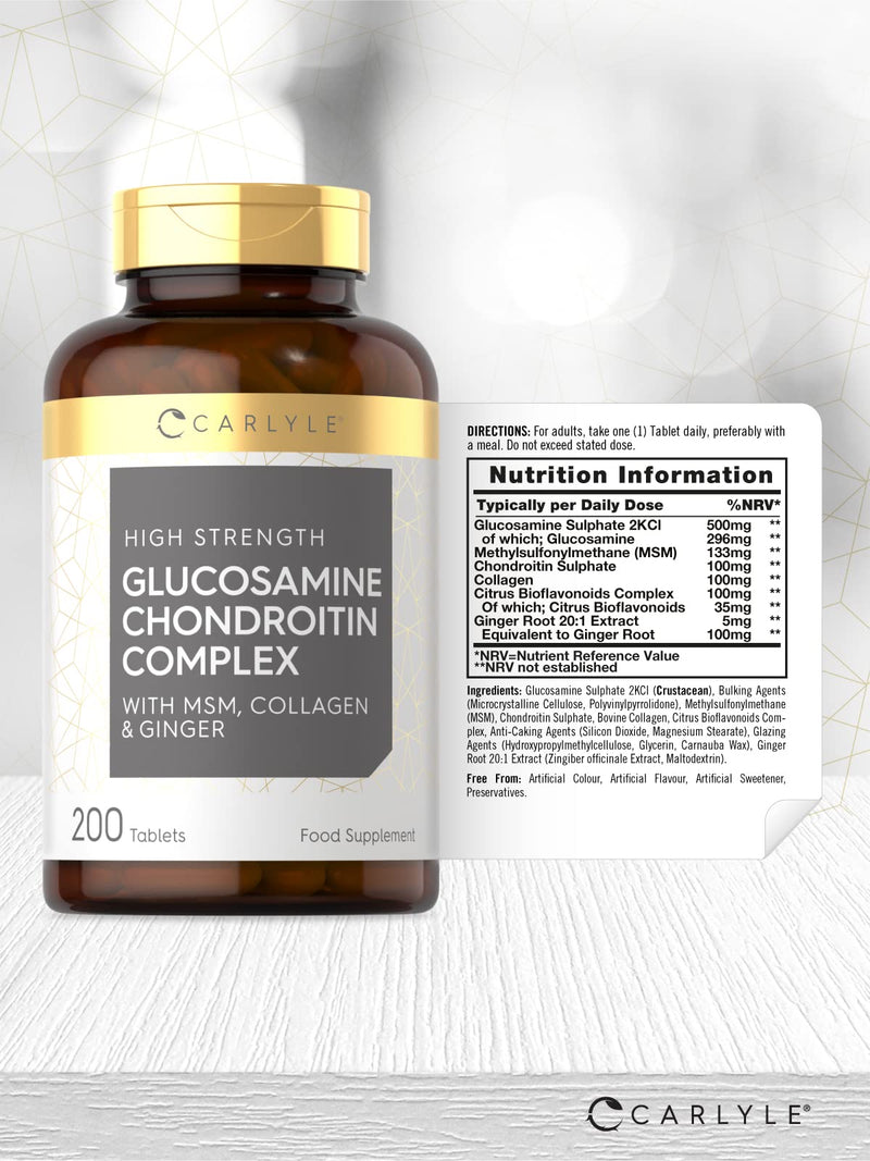 [Australia] - Glucosamine & Chrondroitin Complex | 200 High Strength Tablets | Enriched with MSM, Collagen, Ginger Root & Bioflavonoids | for Men & Women | by Carlyle 